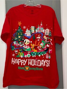 Disney Parks Happy Holidays T-Shirt XL Red Mickey & Friends Graphic Print